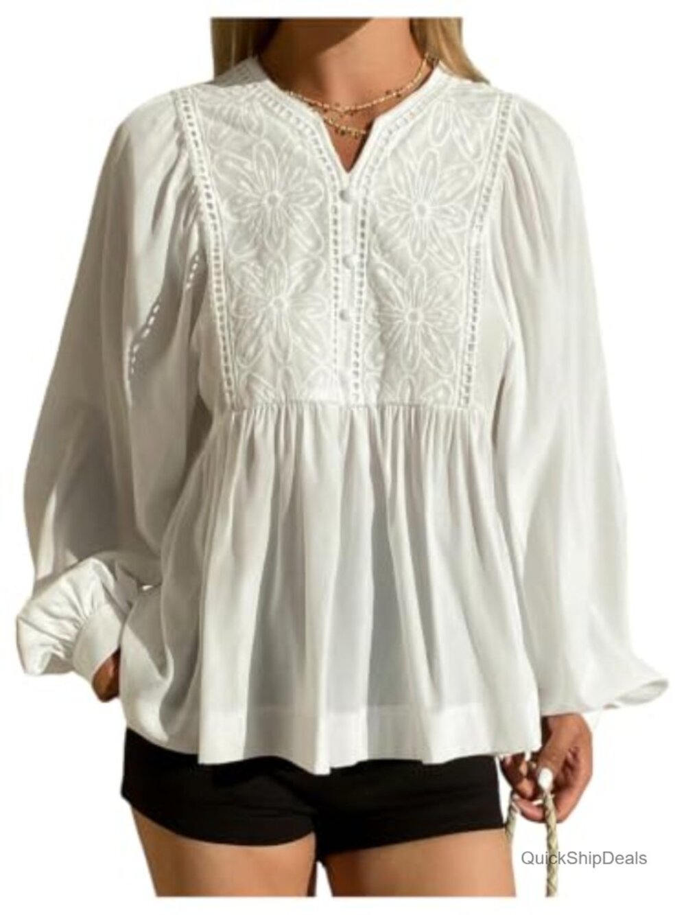 Embroidered Peasant Top Long Puff Sleeve Flowy Blouse Boho Western